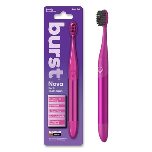Burst Nova Toothbrush (Pink) | Sonic Powered Teeth Whitening | Super-Soft Bristles | 18000 VPM | 2 Minute Timer | Aluminum Handle | Replaceable Brush Head | Compact Size | with AAA Battery