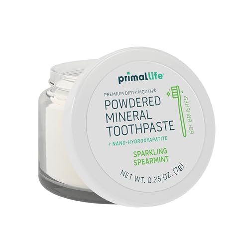 Primal Life Organics Dirty Mouth Toothpowder, Tooth Cleaning Powder, Flavored Essential Oils, Hydroxyapatite, Natural Kaolin, Bentonite Clay, USE: 60+ Brushings, Paleo, Organic, Vegan Spearmint 0.25oz