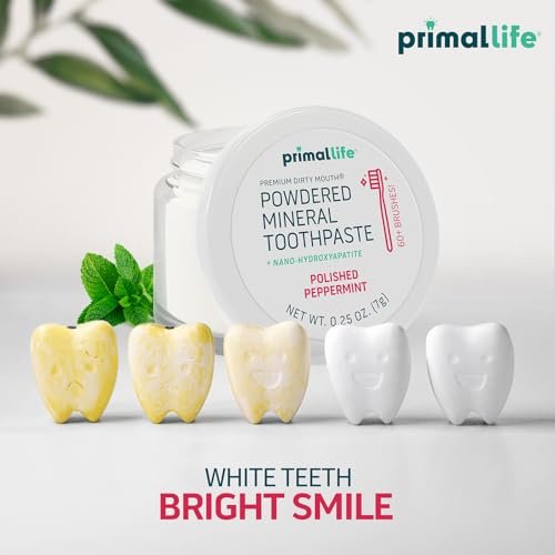 Primal Life Organics - Dirty Mouth Toothpowder, Tooth Cleaning Powder, Flavored Essential Oils with Natural Kaolin & Bentonite Clay, Good for 200+ Brushings, Organic, Vegan (Peppermint, 0.25 oz)
