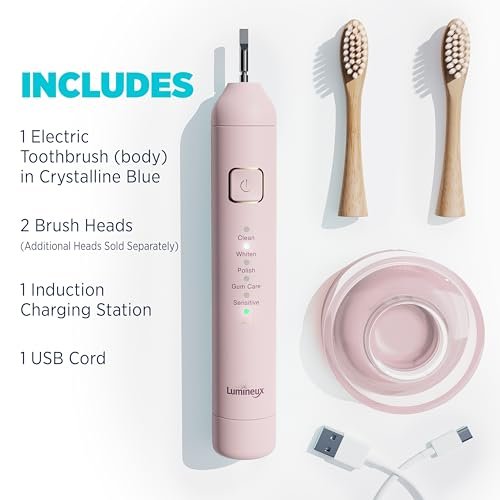 Lumineux Teeth Whitening Sonic Bamboo Electric Toothbrush for Adults - Includes 2 Soft Bristle Replaceable Bamboo Toothbrush Heads, Charging Station & USB Charge Cord - Rechargeable, Bloom Pink