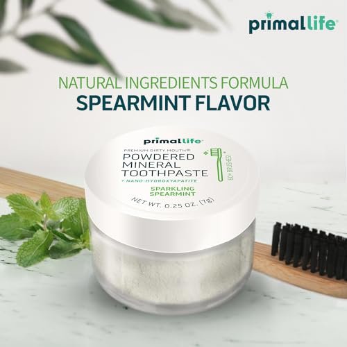 Primal Life Organics Dirty Mouth Toothpowder, Tooth Cleaning Powder, Flavored Essential Oils, Hydroxyapatite, Natural Kaolin, Bentonite Clay, USE: 60+ Brushings, Paleo, Organic, Vegan Spearmint 0.25oz