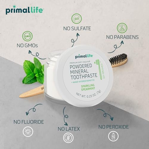 Primal Life Organics Dirty Mouth Toothpowder, Tooth Cleaning Powder, Flavored Essential Oils, Hydroxyapatite, Natural Kaolin, Bentonite Clay, USE: 60+ Brushings, Paleo, Organic, Vegan Spearmint 0.25oz