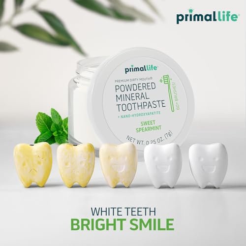 Primal Life Organics - Dirty Mouth Toothpowder, Tooth Cleaning Powder, Flavored Essential Oils with Natural Kaolin & Bentonite Clay, Good for 200+ Brushings, Organic, Vegan (Sweet Spearmint, 0.25 oz)