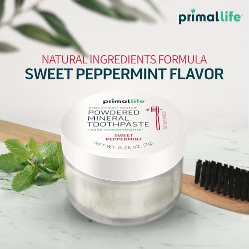 Primal Life Organics - Dirty Mouth Toothpowder, Tooth Cleaning Powder, Flavored Essential Oils With Natural Kaolin & Bentonite Clay, Good for 200+ Brushings, Organic, Vegan (Sweet Peppermint, 0.25 oz)
