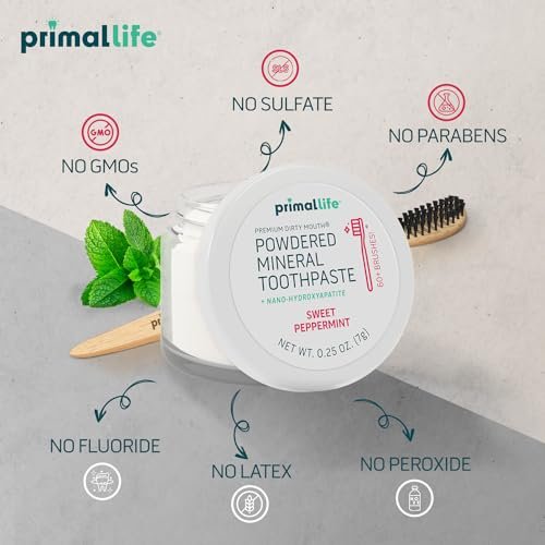 Primal Life Organics - Dirty Mouth Toothpowder, Tooth Cleaning Powder, Flavored Essential Oils With Natural Kaolin & Bentonite Clay, Good for 200+ Brushings, Organic, Vegan (Sweet Peppermint, 0.25 oz)