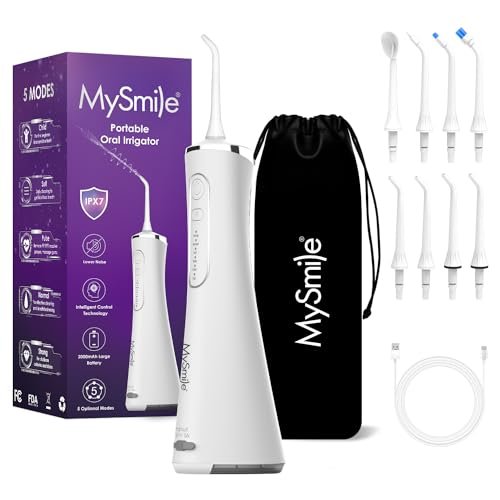 MySmile LP211 Cordless Advanced Water Flossers for Teeth, 5 Cleaning Modes Rechargeable Power Dental Flosser 8 Replacement Jet Tips IPX 7 Waterproof Dental Irrigator with Portable Travel Storage Pouch