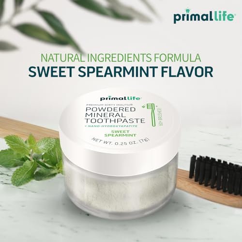 Primal Life Organics - Dirty Mouth Toothpowder, Tooth Cleaning Powder, Flavored Essential Oils with Natural Kaolin & Bentonite Clay, Good for 200+ Brushings, Organic, Vegan (Sweet Spearmint, 0.25 oz)