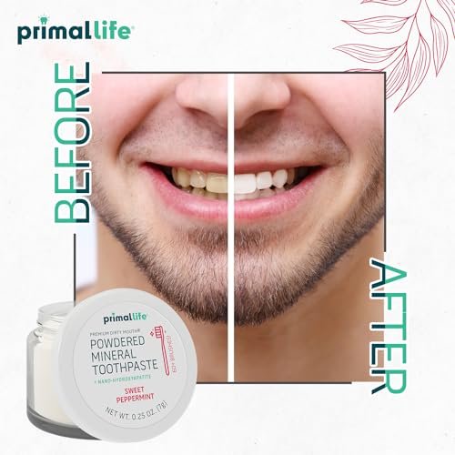 Primal Life Organics - Dirty Mouth Toothpowder, Tooth Cleaning Powder, Flavored Essential Oils With Natural Kaolin & Bentonite Clay, Good for 200+ Brushings, Organic, Vegan (Sweet Peppermint, 0.25 oz)
