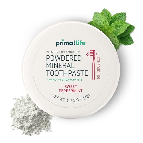 Primal Life Organics - Dirty Mouth Toothpowder, Tooth Cleaning Powder, Flavored Essential Oils With Natural Kaolin & Bentonite Clay, Good for 200+ Brushings, Organic, Vegan (Sweet Peppermint, 0.25 oz)