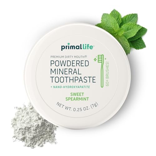 Primal Life Organics - Dirty Mouth Toothpowder, Tooth Cleaning Powder, Flavored Essential Oils with Natural Kaolin & Bentonite Clay, Good for 200+ Brushings, Organic, Vegan (Sweet Spearmint, 0.25 oz)