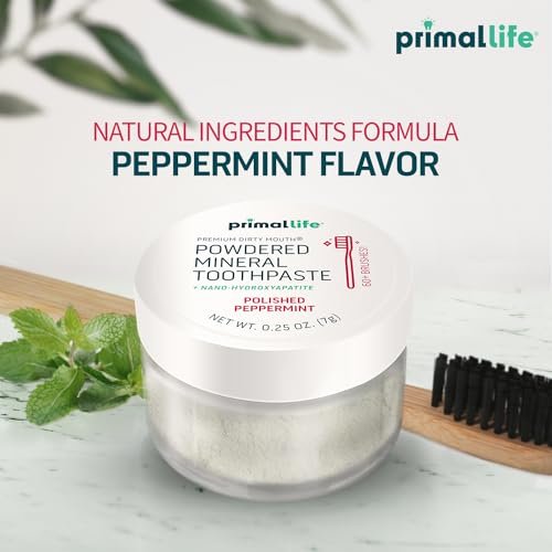 Primal Life Organics - Dirty Mouth Toothpowder, Tooth Cleaning Powder, Flavored Essential Oils with Natural Kaolin & Bentonite Clay, Good for 200+ Brushings, Organic, Vegan (Peppermint, 0.25 oz)