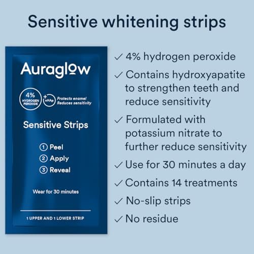 Auraglow Sensitive Teeth Whitening Strips, 14 Whitening Treatments, 4% Hydrogen Peroxide with Nano Hydroxyapatite (nHAp), 28 Strips, Mint