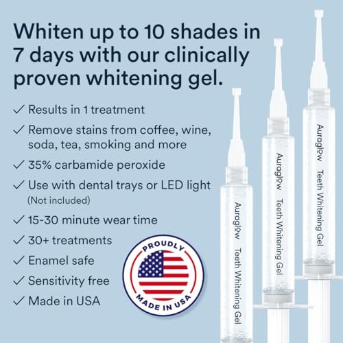Auraglow 35% Teeth Whitening Gel Syringe Refill Pack, 35% Carbamide Peroxide, 30 Whitening Treatments, (3) 5mL Whitening Gel Syringes, Sensitive Teeth Whitening