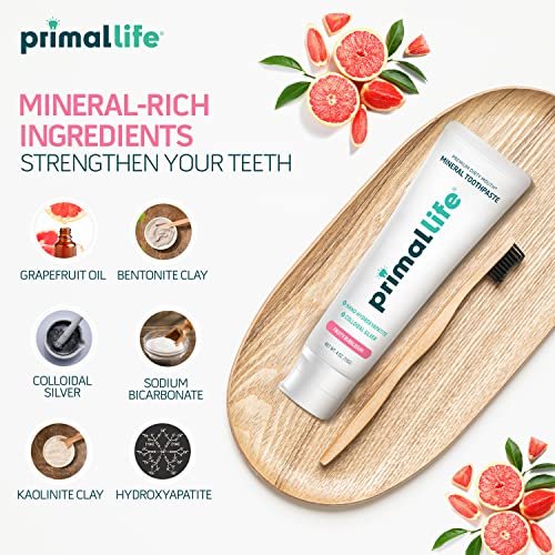 Primal Life Organics Premium Dirty Mouth Mineral Toothpaste - Nano-Hydroxyapatite, Colloidal Silver, Charcoal - Organic, All Natural Whitening Formula (Bubblegum Flavor, 4oz)