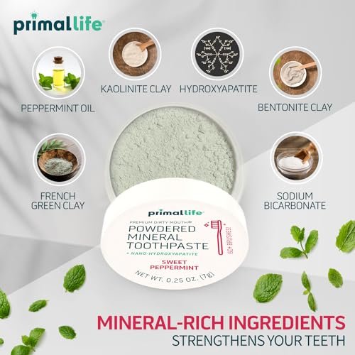 Primal Life Organics - Dirty Mouth Toothpowder, Tooth Cleaning Powder, Flavored Essential Oils With Natural Kaolin & Bentonite Clay, Good for 200+ Brushings, Organic, Vegan (Sweet Peppermint, 0.25 oz)