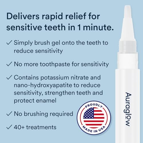 Auraglow Sensitivity Relief Serum Gel, Brush on Teeth to Reduce Sensitivity, Potassium Nitrate and Nano Hydroxyapatite, Remineralization Gel, Strengthens Teeth & Protects Enamel, 40+ Treatments, 4ml