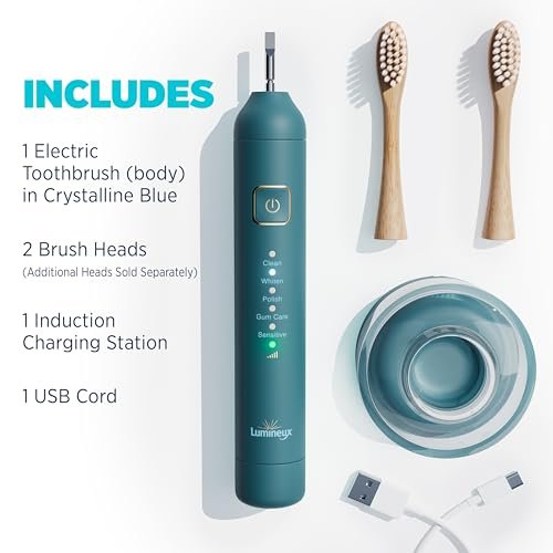 Lumineux Sonic Electric Toothbrush for Adults - Bamboo Heads -Deep Ocean (Blue)- Includes 2 Super Soft Bristle Bamboo Tooth Brush Heads, Charging Station & USB Charge Cord - Rechargeable