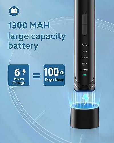 Operan Electric Toothbrush for Adults and Kids High Power Sonic Rechargeable Toothbrush with Smart Timer 5 Modes 6 Brush Heads 40,000 VPM Motor 6 Hours Fast Charge for 100 Days (Black)