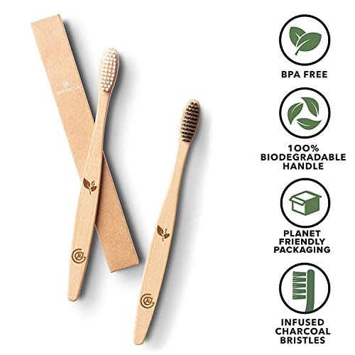 Greenzla Bamboo Toothbrushes for Adults, Wooden Toothbrush Set with Sturdy Soft Bristles, Includes Brush Travel Case and Charcoal Dental Floss, 12 Pack