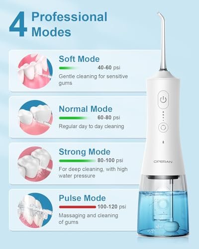 Operan Water Flossers for Teeth Cleaning Upgraded 300ml Cordless Water Dental Flossers Rechargeable Oral Irrigator with 4 Modes 4 Jet Tips IPX7 Waterproof Water Floss for Home Travel (White)+1Pack