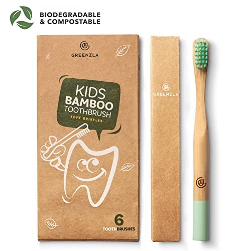 Greenzla Kids Bamboo Toothbrushes (6 Pack) | BPA Free Soft Bristles Toothbrushes | Eco-Friendly, Natural Bamboo Toothbrush Set | Biodegradable & Compostable Charcoal Wooden Toothbrushes