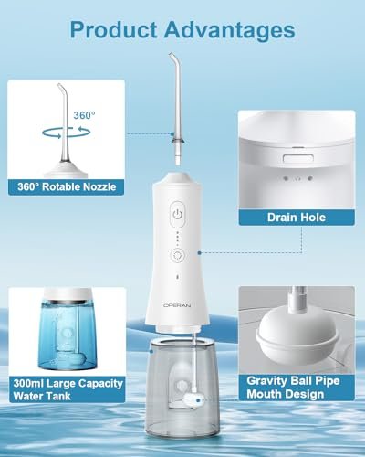 Operan Water Flossers for Teeth Cleaning Upgraded 300ml Cordless Water Dental Flossers Rechargeable Oral Irrigator with 4 Modes 4 Jet Tips IPX7 Waterproof Water Floss for Home Travel (White)+1Pack