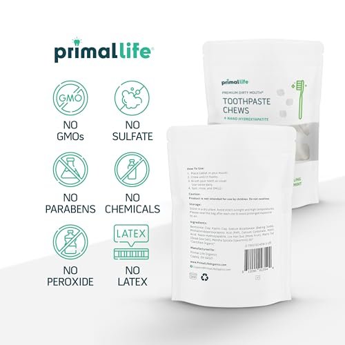 Primal Life Organics Premium Dirty Mouth Toothpaste Chews – Nano-Hydroxyapatite Whitening Toothpaste Tablets for Adults - Gluten Free, Vegan, Paleo - 60 Tablets in Bag - Sparkling Spearmint