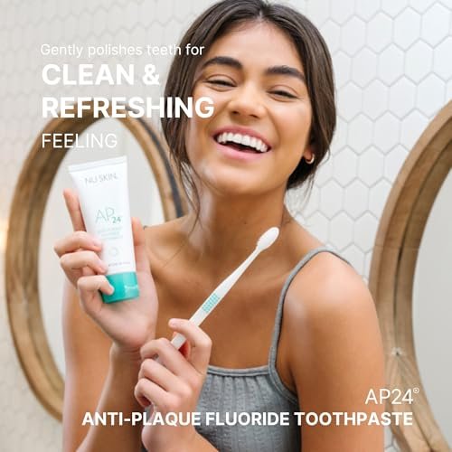 Nu Skin AP 24 Anti-Plaque Fluoride Toothpaste | AP-24 Blend | Hydrated Silica | Vanilla Mint Flavor | Gently Remove Debris | Prevents Dental Cavities & Plaque | Enamel-Safe Whitening | 6 oz | 1 Pack
