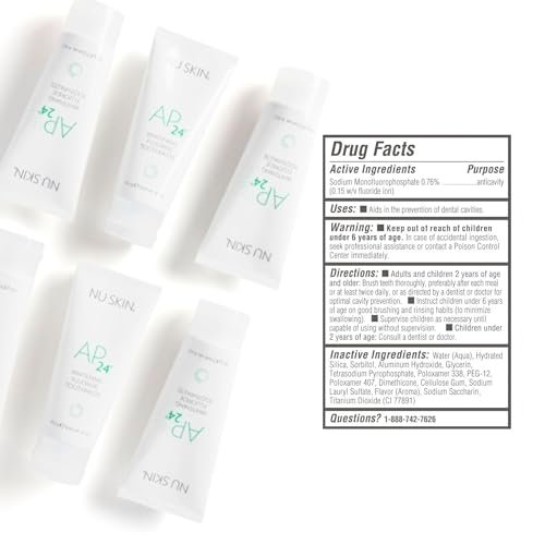 Nu Skin AP 24 Whitening Fluoride Toothpaste | AP 24 Blend | Vanilla Mint Flavor | Brightens Teeth | Removes Surface Stains | Prevents Dental Cavities & Plaque | Enamel-Safe | 4 oz | 2 Pack