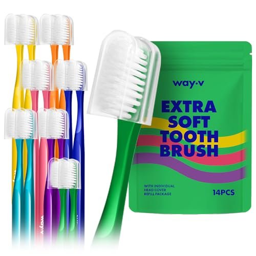 Way.V Extra Soft Toothbrush 7 Pack for Sensitive Gums and Teeth 3000 Ultra Gentle Bristles Brushes with Hygienic Head Covers Friendly Dentist Recommended BPA Free - Family Refill Green 14 Pack