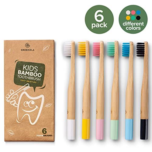 Greenzla Kids Bamboo Toothbrushes (6 Pack) | BPA Free Soft Bristles Toothbrushes | Eco-Friendly, Natural Bamboo Toothbrush Set | Biodegradable & Compostable Charcoal Wooden Toothbrushes