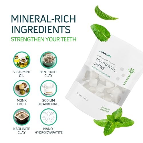 Primal Life Organics Premium Dirty Mouth Toothpaste Chews – Nano-Hydroxyapatite Whitening Toothpaste Tablets for Adults - Gluten Free, Vegan, Paleo - 60 Tablets in Bag - Sparkling Spearmint