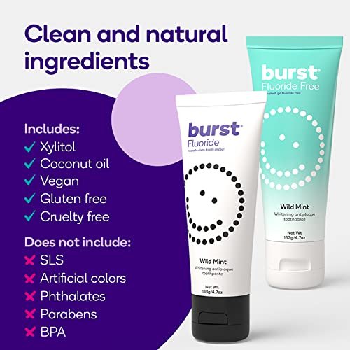 BURST Whitening Toothpaste with Cavity Fighting and Stain Removal Fluoride (4.7oz/2 Pack) | for Sensitive Teeth | with Xylitol | Vegan, Gluten & SLS Free | Wild Mint