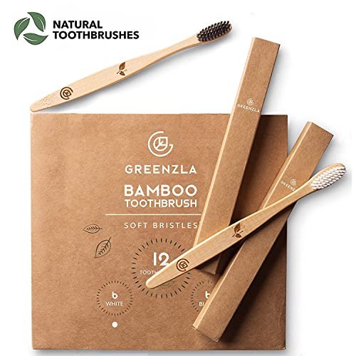 Greenzla Bamboo Toothbrushes for Adults, Wooden Toothbrush Set with Sturdy Soft Bristles, Includes Brush Travel Case and Charcoal Dental Floss, 12 Pack