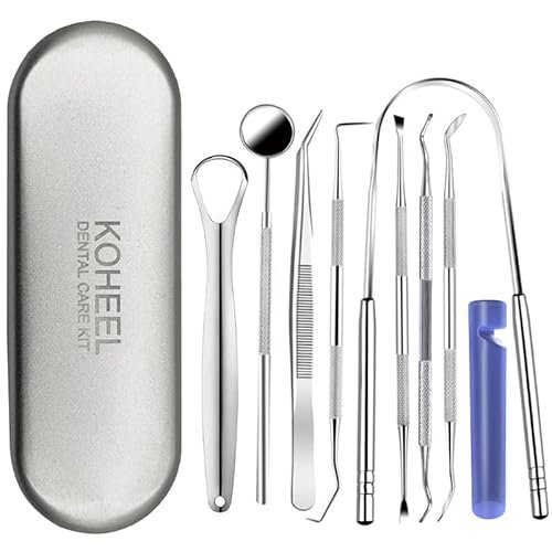 KOHEEL Dental Tools with Metal Case, Teeth Cleaning Tools Set, Remove Plaque, Oral Care Hygiene Kit with Tongue Scraper, Tartar Scraper, Gum Cleaner, Dental Probe and Dental Tweezer (1 Pack)