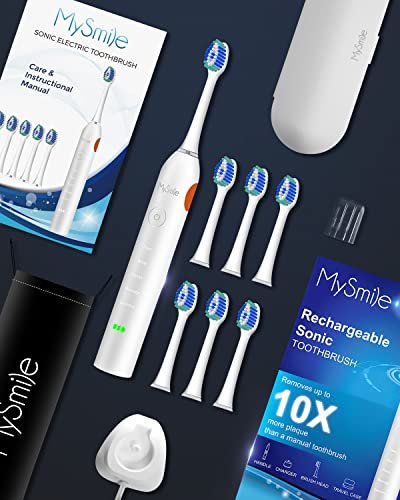 MySmile Electric Toothbrush for Adults, Rechargeable Sonic Electronic Toothbrush with 6 Brush Heads and Travel Case, 2 Mins 5 Modes Smart Timer, 48000VPM (White)