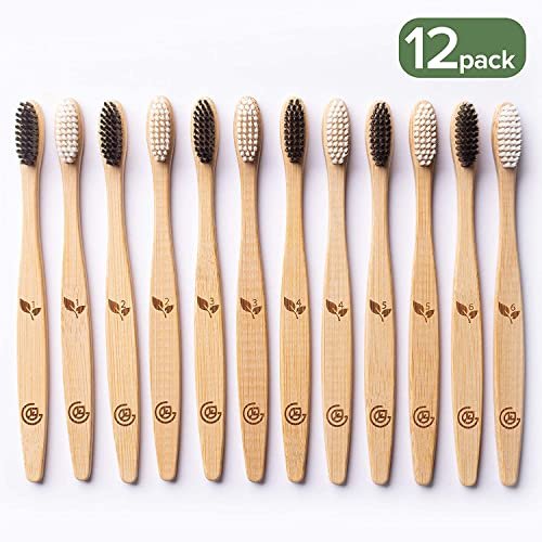Greenzla Bamboo Toothbrushes for Adults, Wooden Toothbrush Set with Sturdy Soft Bristles, Includes Brush Travel Case and Charcoal Dental Floss, 12 Pack