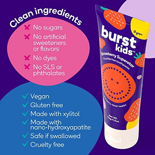 BURST Fluoride Free Strawberry Kids Toothpaste (4oz) | Great Tasting | Dye Free for Baby & Toddler Age 0+ | with Nano Hydroxyapatite